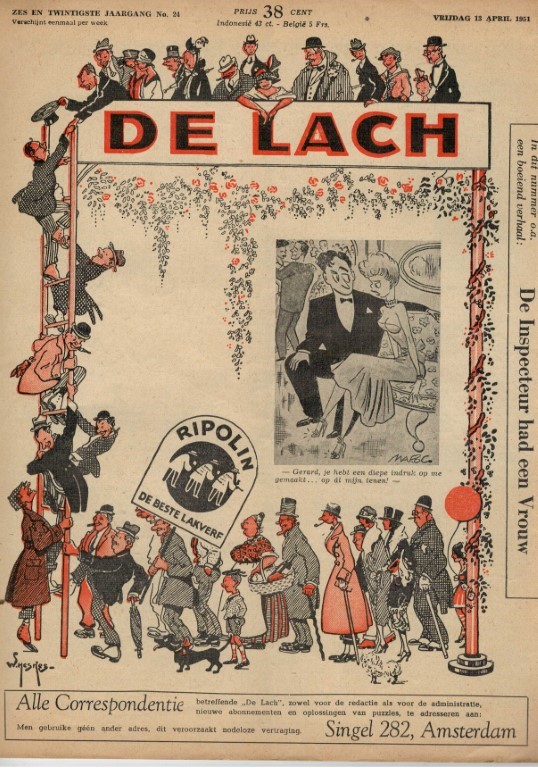 REDACTIE - Weekblad de Lach  foto, humor, lectuur  weekblad jaar 1954 Heskes, J. . ontwierp  de omslag voor het humoristische weekblad De Lach. Bijna veertig jaar sierde zijn ontwerp, een ladder met daarop een scala aan uiteenlopende types, de voorpagina van het blad.